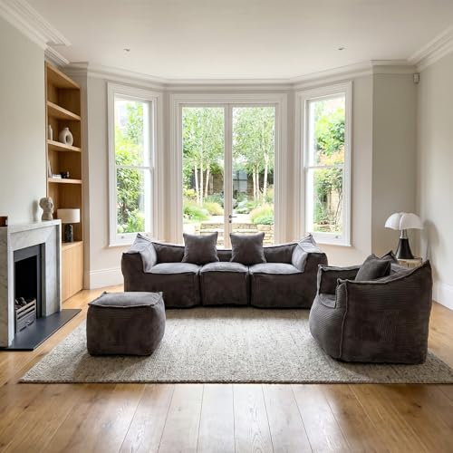 PREMTURE Modulares Cord-Sofa mit Hocker, Sofa ohne Montage, 4-Sitzer Wohnlandschaft mit Abnehmbarem Bezug, Flexible Kombination, Weiche Schaumstofffüllung, Wohnzimmer Sofa in Grau, 215 cm