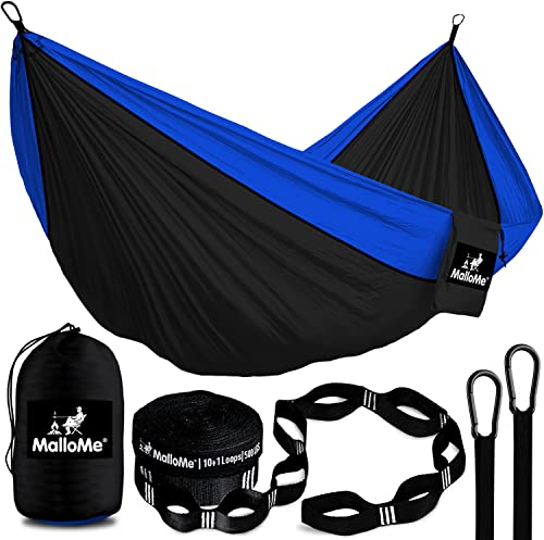 MalloMe Einzel Hängematte (285 x 140cm) Ultraleichte Reise Camping Hängematten für Outdoor 2 Personen oder 1 Kinder & Erwachsene Atmungsaktives Wasserdichtes Fallschirm-Nylon, inkl. Premium Karabiners
