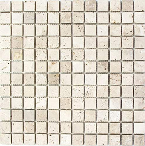 Travertin Mosaikfliesen Steine Wand Boden Naturstein hellbeige creme Wandverkleidung Küchenrückwand Duschtasse - MOS43-46023