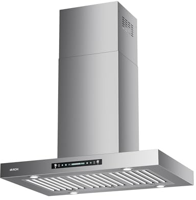 IKTCH Upgrated 36 inch Island Mount Range Hood, 900 CFM Ducted Range Hood with 4 Speed Fan, Stainless Steel with Gesture Sensing & Touch Control Making life Smarter IKIS02-36