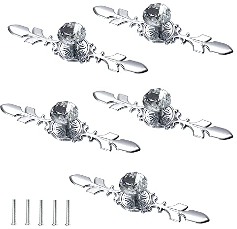 Zasiene Schrankknöpfe Kristall 5 Stück Diamant Kristall Schublade Pull Griff Schubladenknöpfe für Kleiderschrank Schubladen Schränke mit Schrauben,170mm