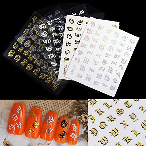 AIITLLYNA Letter Nail Stickers,6 Pieces 3D Nail Stickers for Gel Nails Nail Art Decoration Stickers Mixed Nail Art Old English Words Alphabet Nail Decals for Women Girls Kids