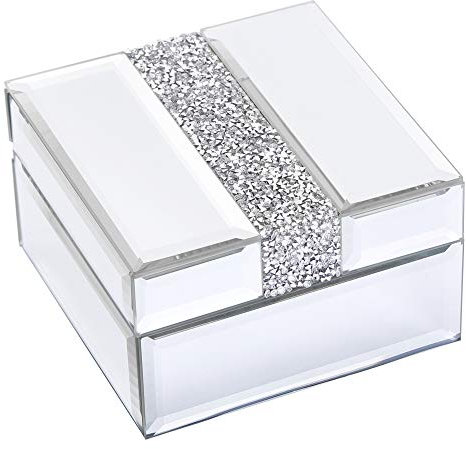 Timetrace Kleine Glas-Schmuckschatulle mit silberfarbenen Diamanten, dekorative Box, Andenken-Box, Schmuck-Organizer, Aufbewahrungs-Organizer für Frauen und Mädchen, luxuriöses Geschenk (verspiegelt)