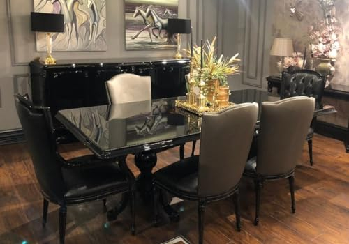 Casa Padrino Ensemble de Salle à Manger baroque de Luxe Noir/Or - 1 Table à Manger avec Plateau en Verre et 6 chaises de Salle à Manger - Meubles de Salle à Manger nobles de Style baroque