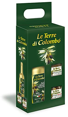 Le Terre di Colombo - Coffret cadeau avec huile d’olive extra-vierge 100 % italienne, pâte d’olives Riviera et olives Riviera dénoyautées conservées dans de l’huile d’olive extra-vierge