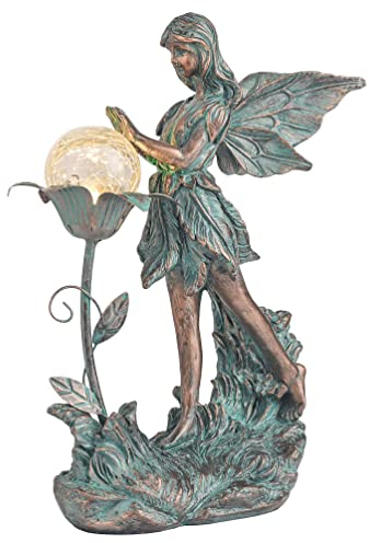TERESA'S COLLECTIONS Große Feengarten-Statue mit solarbetriebenen Lichtern, Garten-Skulpturen und Statuen, die mit Craquelé-Glaskugel Spielen, Gartenkunst für Rasen, Hof, Dekorationen (Bronze)