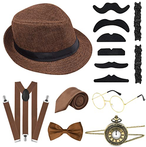 ELECLAND 10-teiliges 1920er-Jahre-Kostüm-Zubehör-Set für Herren, brüllendes Retro-Gangster-Kostüm, Hut, Fliege, Taschenuhr, Hosenträger, Brille, Bart, Armband, Strumpfbänder, Taschenuhr (braun)