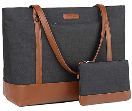 VASCHY Cabas Femme, Grand Sac Ordinateur Femme Sac a Main Femme 15.6 Pouces Multi-poches Antichoc Mode Sac de Cours Lycee Sac Fourre-tout pour Travail Affaires Professeur Voyage Noir et Marron