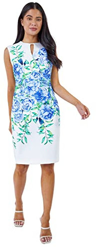 Roman Originals Ruched Waist Dress for Women UK Ladies Side Pleat Winter Autumn Textured Fitted Shift Pencil Smart Lined Stretchy Jersey Work Knee Length Round Neck - Blue - Size 14