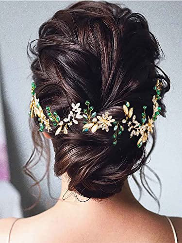 Flayem Braut Hochzeit Haarrebe Stirnband Bräut Haarteil Grün Strass Blumen Haarschmuck Kopfschmuck für Frauen und Mädchen