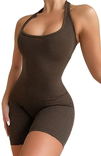 Jumpsuit Damen Kurz Eng Sexy One Piece Bodysuit Bodycon Ärmellose Tank Top Sommer Jumpsuits Strampler für Workout Casual Yoga Fitness