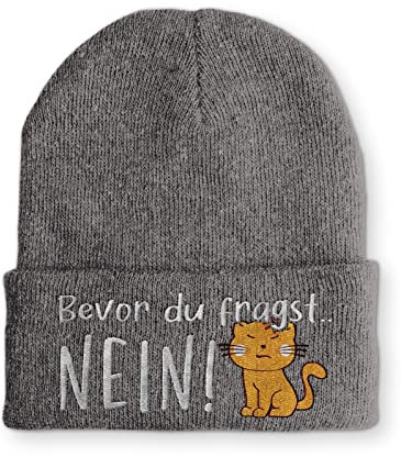 tshirtladen Bevor du fragst... NEIN Katze Statement Beanie Mütze mit Spruch, Farbe: Grau