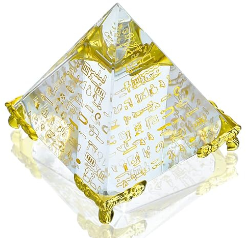 KRISININE Kristallpyramide mit ägyptischem Goldcharakter, Kristallpyramide, Statue mit goldfarbenem Ständer, Glas-Briefbeschwerer, Ornament, spirituelle Dekoration für Meditation