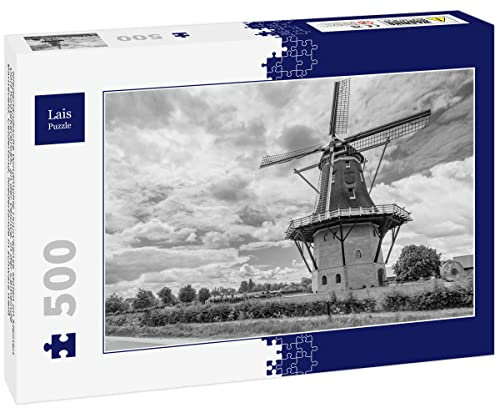 Lais Puzzle Niederländische Windmühle Puurveense Molen im kleinen Dorf Kootijkerbroek, an der Veluwe, in der Gemeinde Barneveld, Gelderland, Niederlande in schwarz weiß 500 Teile
