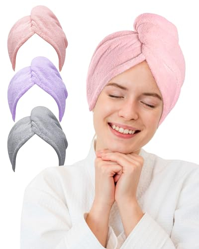 MOXTOYU Confezione da 3 asciugamani per capelli in microfibra, super assorbenti, con bottoni, per donne e ragazze, capelli lunghi ricci bagnati (grigio/rosa/viola)