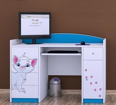 Happy Babies Computertisch mit Tastaturablage Bürotisch weiß Blau 5 Schubladen 1 Ablage 125x89x60 für Kinder und Jugendzimmer Motive Kätzchen