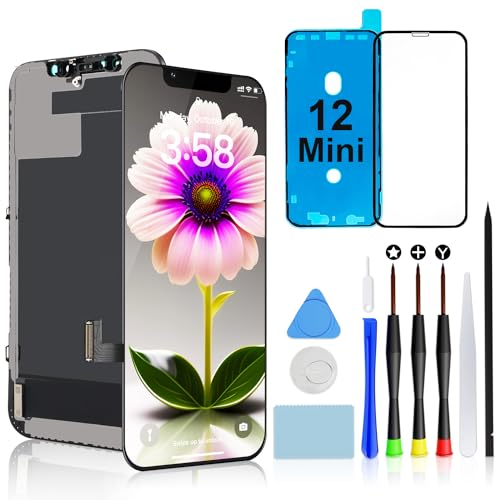 Brinonac for iPhone 12 Mini Screen Replacement Kit, 5.4 Full HD Retina LCD Display COF Touch Screen Digitizer Assembly Set with Repair Tools, Waterproof Adhesive, Tempered Glass