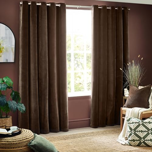 furn. Yard Heavy Chenille Eyelet Curtain Pair – Lined Room Darkening, Soft Velvet Home Décor (Brown - Width 229 x Drop 137cm)