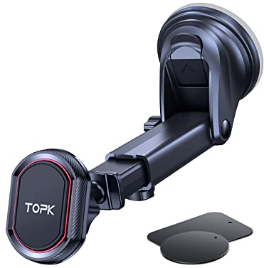 TOPK Soporte Magnético para Coche, Soporte de Teléfono Móvil con Ventosa Potente para Parabrisas y Tablero de Instrumentos, Brazo Ajustable de Largo Alcance con Potente Imán para una Conducción Segura
