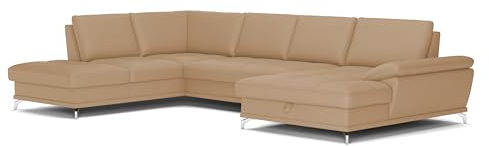 Cavadore Wohnlandschaft Castiel mit Federkern / Sofalandschaft mit großem Longchair, Sitztiefenverstellung und satinierten Metallfüßen / 363 x 89 x 223 / Echtleder, Beige