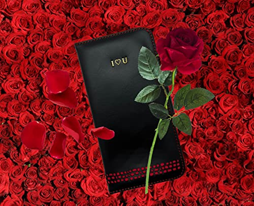 Ed Hicks Custom Personalised iPhone 15 Genuine Leather Wallet Phone Flip Case- monogrammed and engraved with your choice of Initials, Name or Short Message- Black and Red