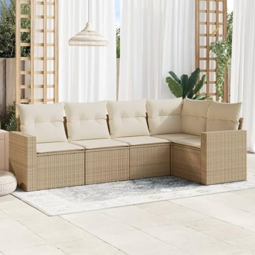 ULUYYUC 5-TLG. Garten-Sofagarnitur, Balkonmöbel Schlafsofa Schlafsessel Mit Bettfunktion Polsterbank Geeignet für Hinterhof Balkon Garten Außenbereich mit Kissen Beige Poly Rattan