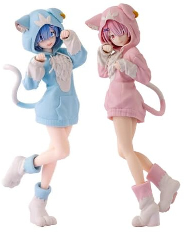 Zhongkaihua Rem and Ram Anime-Figuren-Set, niedliche Katzenohren, rosa Dienstmädchen-Outfit, Actionfigur, Statue, Modell, Ornament, Sammlerstück, 21 cm