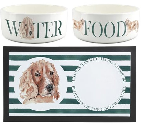 Cocker Spaniel Pet Bowls & Mat Set - Painted Dog Portraits by Rhiannon Chauncey - Large White Ceramic Food & Water Dishes and Non-Slip Rubber Mat For Dogs (Set of 3)
