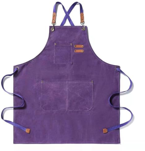 Delantales de barbacoa para hombre, delantal de trabajo práctico, delantal de trabajo con bolsillos con tirantes ajustables para peluquero, cocina, jardinero, morado, L