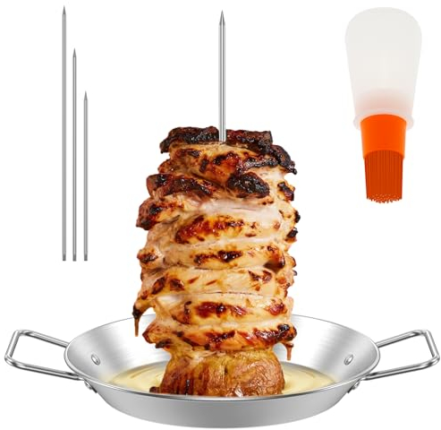 Vertical Meat Skewer Pan for Oven Stainless Steel Vertical Grilling Tray with 8/10/12 Inch Spikes Brazilian Spit Stand BBQ Meat Skewer for Whole Chickens Fish Sausage