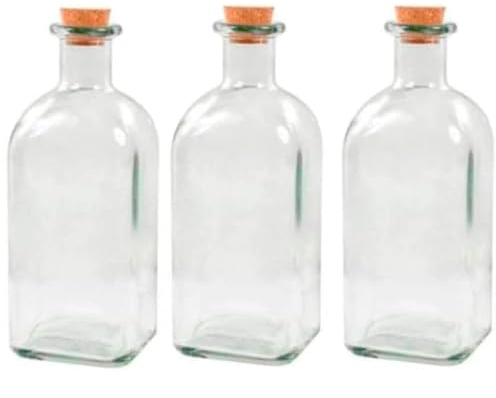 Tradineur - Pack de 3 botellas de vidrio, frascas con tapón de corcho, reutilizables, rellenables, licores, aceite, agua, vino, whisky, bodas- 19,5 x 8 cm - 725 ml