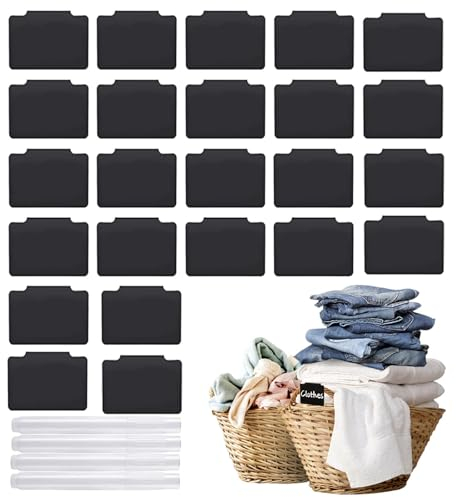 Basket Labels Clip on - 24 Drawers Bin Clips, Bin Basket Clips Tags | Bin Labels with 4 Chalk Markers, Versatile Drawer Storage Labels for Home Kitchen Bathroom Organization Storage Cubes