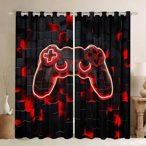 Gaming Blackout Curtains for Boys Kids Gamer Curtains, Boys Gaming Themed Bedroom Curtains Geometry Honeycomb Print Window Curtains, Modern Abstract Plaid Curtains Red,2 Panels 46x54