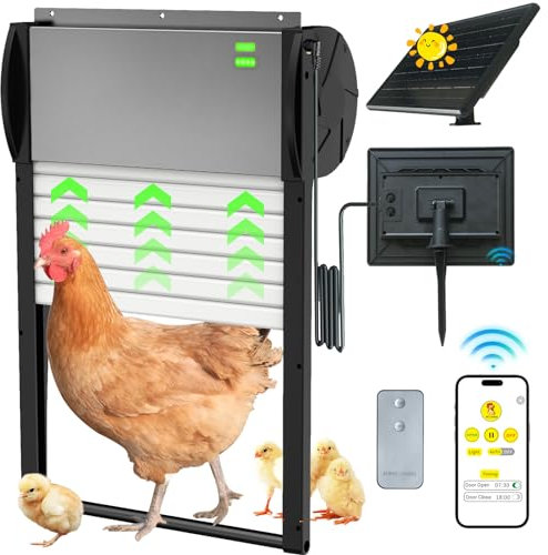 Automatische Hühnerklappe Solar, Solarbetriebener Öffner, mit Timer, Lichtsensor, APP/Fernbedienung, Anti-Pinch Design Aluminium elektrische hühnerklappe, Wetterfeste Hühnerklappe Türöffner-Grau