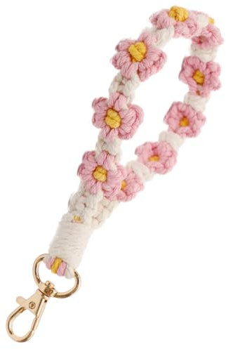 CHUQING Schlüsselanhänger Makramee Schlüsselband Kurz Stoff Schlüsselanhänger boho Mädchen Schlüsselbund Armband für Frauen Rosa und Weiß
