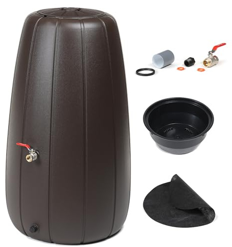 Regenwassertank 200L, Regenwasser, Braun Wasserfass für den Außenbereich, robuster Kunststoff, rund und hoch, Abflusslöcher, Deckel, Topfeinsatz, Entwässerungssystem, mit 3/4 geradem Kugelhahn