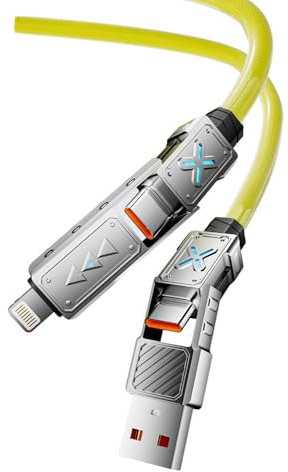 4-in-1 USB-C Cable, 240W PD 5A Fast Charging Cable & Data Sync, Colorful Breath Light Silicone Charger Cord with Type C/USB A for Laptop iPhone iPad MacBook Samsung ect-5ft, Yellow