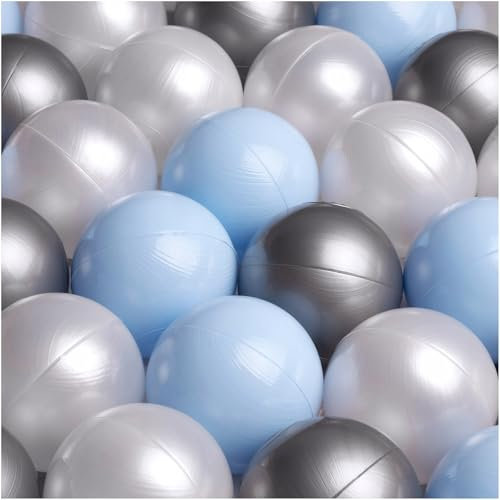 MISIOO 450 bolas para piscina de bolas de 6 cm – azul – perla – plata – Bolas suaves y no tóxicas – Juguete para bebé perfecto para horas de juego y para promover la percepción sensorial