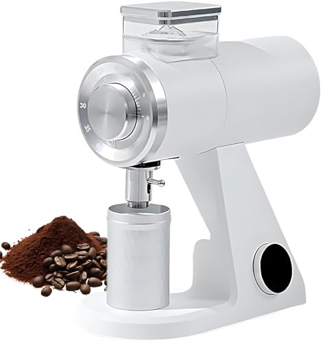 Electric Coffee Grinder, 250W Coffee Bean Grinder with 45 Grind Settings & Timer, 600-1500rpm, 30g Spice Grinder with 74MM Flat Titanium Burr, for Coffee Beans, Spices, and Grains white