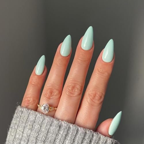 SXVME Mint Green False Nails Medium, Acrylic Press on Nails Almond Solid Color Full Cover Fake Nails Medium Stiletto Stick on Nails for Women DIY Nail Art 24 Pcs