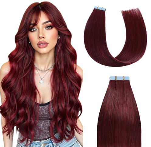 Sunya Tape In Extensions Echthaar Burgunder rot #99J 40cm 40g/Pack 20 Stück | Seamless Haarverlängerung Echthaar Invisible Seidig Gerade Skin Weft Tape Ins Extensions