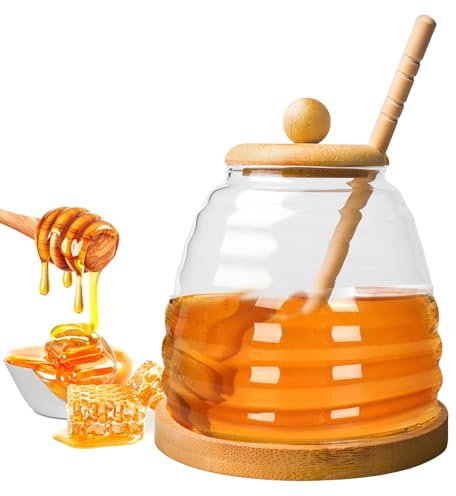 BORDEAG Pot à miel avec cuillère, distributeur de miel, 500 ml, verre à miel avec cuillère, verre à miel avec cuillère à miel, verre à miel avec louche et couvercle, en verre borosilicate pour la