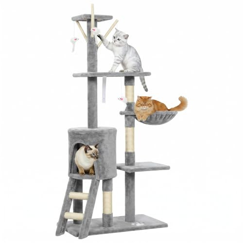 PawHut Kratzbaum, 134 cm hoch, mit Höhle für Katzen unter 5 kg Grau | 4 Spielzeuge, Sisalstämme, Große Plattform, Treppe, Mehrstöckiger Katzenkratzbaum, Kletterbaum, Katzenbaum, Plüsch