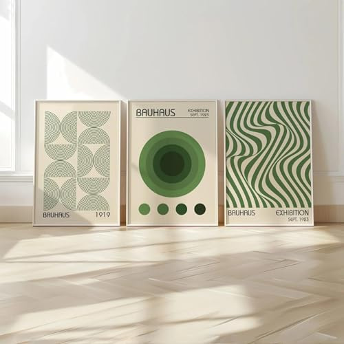 KemneT Bauhaus grüne geometrische Wand Bilderdruck minimalistischen Wellenlinien Ölgemälde Moderne mittelalterliche Plakate Kunstdruck Zimmer Home Dekoration Bilder 50x70cmx3 Kein Rahmen
