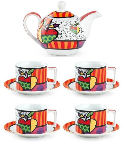 Set da Tè EGAN in Porcellana Decorata – Teiera 470 ml + 4 Tazze con Piattino 200 ml con Fantasia Mela Colorata – Design Moderno e Allegro da Collezione