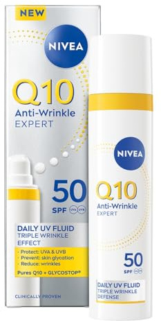 NIVEA Q10 Anti-Falten Expert Daily UV Face Fluid LSF 50 40ml, Anti-Aging Creme mit hohem UVA/UVB-Schutz gegen Falten, Sonnencreme mit mattem Finish, ideal für fettige Haut
