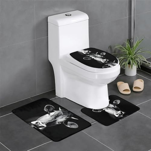 Set 3 Teilig Badvorleger Schwarz-Weiße Kuh Teppiche Und Toilettendeckel Dekorative Anti-Rutsch Badgarnitur Badematten, Für Dusche, Spa, Wc-Sitz Bezug