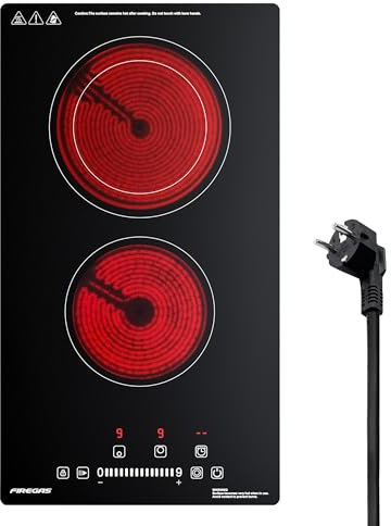 FIREGAS Domino Glaskeramikkochfeld 2 Platten, 3400W, 9 Stufen, Touch | Kindersicherung, 1-99 Min. Timer, Sensor-Touch-Steuerung, 9 Leistungsstufen