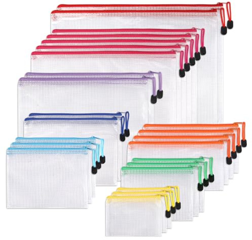 24 Pcs Plastic Zip Wallets Multi-Sizes Plastic Wallets A4 Zip Folders Waterproof Zipper Bags for School Office Travel