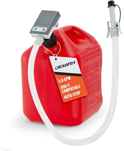 DeWay Jerry Can Fuel Transfer Pump with Auto-Stop & Audible Alert | 14 LPM Flow Rate, 130 cm Hose, Storage Bag & 3 Can Adapters for Petrol, Diesel & Non-Potable Water | USB-C & Battery Powered